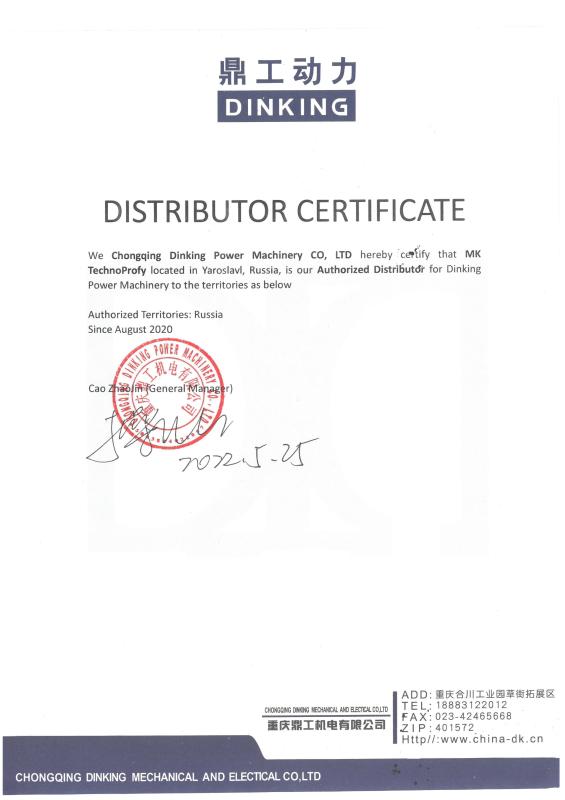 СЕРТИФИКАТ ДИСТРИБЬЮТОРА DINKING 2025